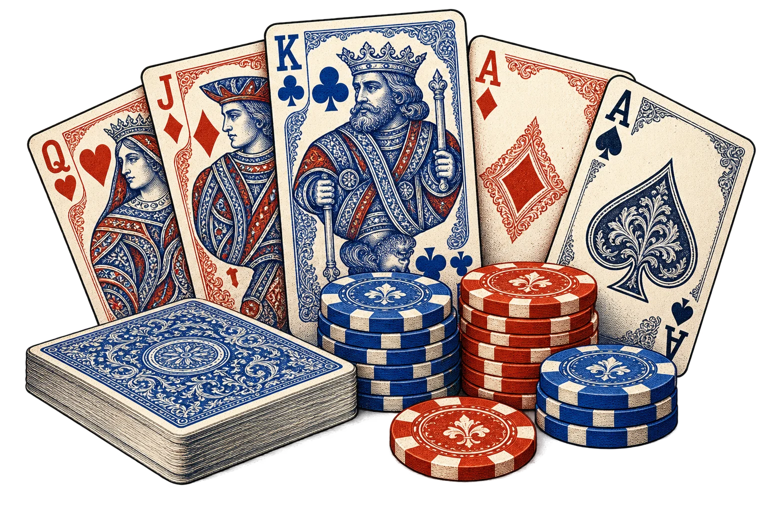 Éventail de cartes, roi illustré et jetons en gravure bleue et vermillon