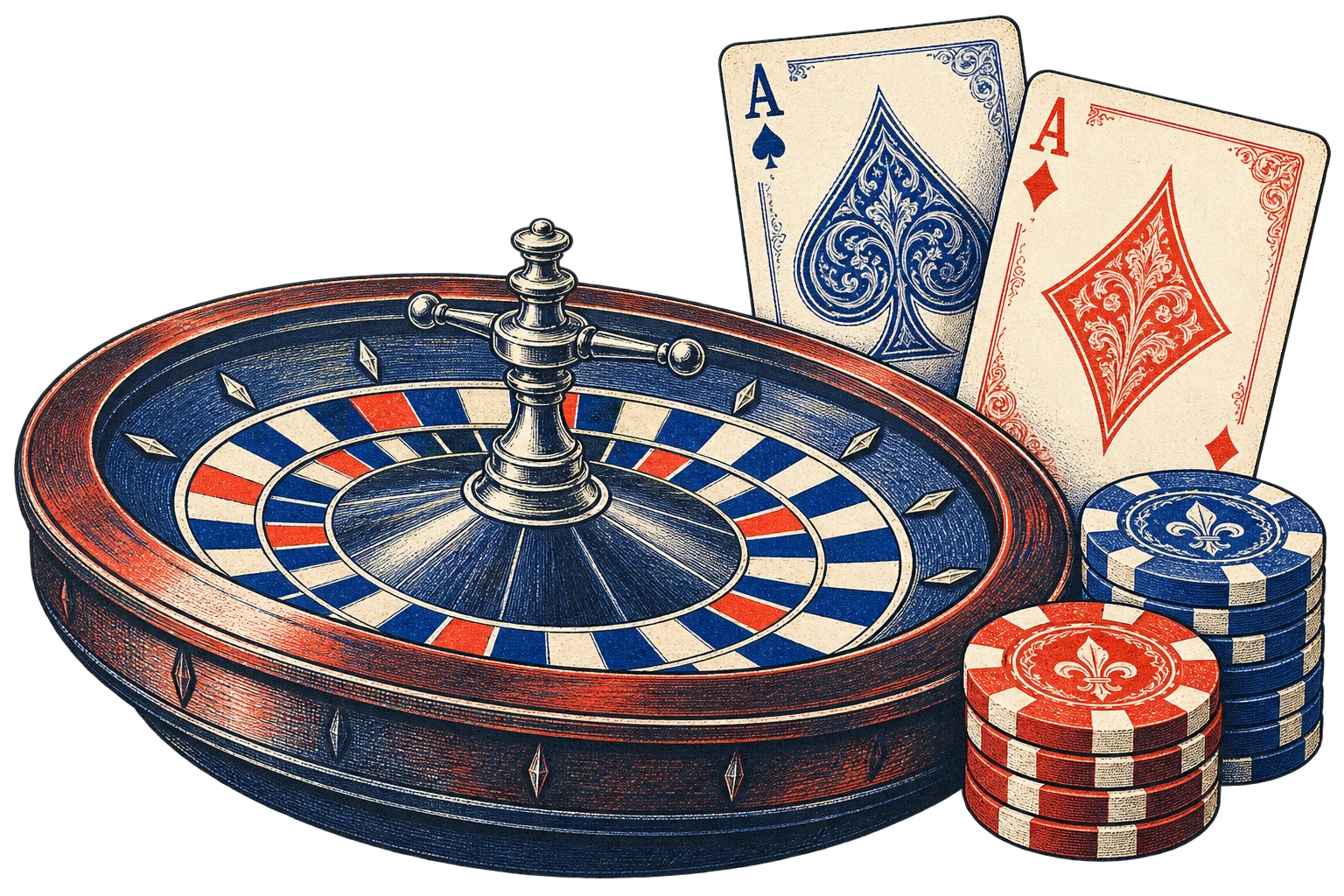 Roulette, cartes et jetons en gravure bleue et vermillon
