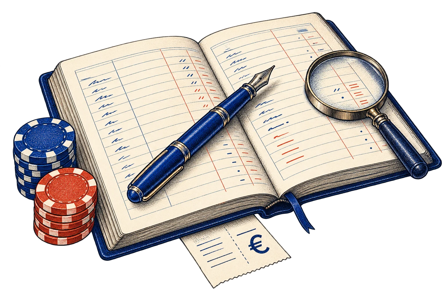 Livre de comptes, plume, loupe et jetons en gravure bleue et vermillon
